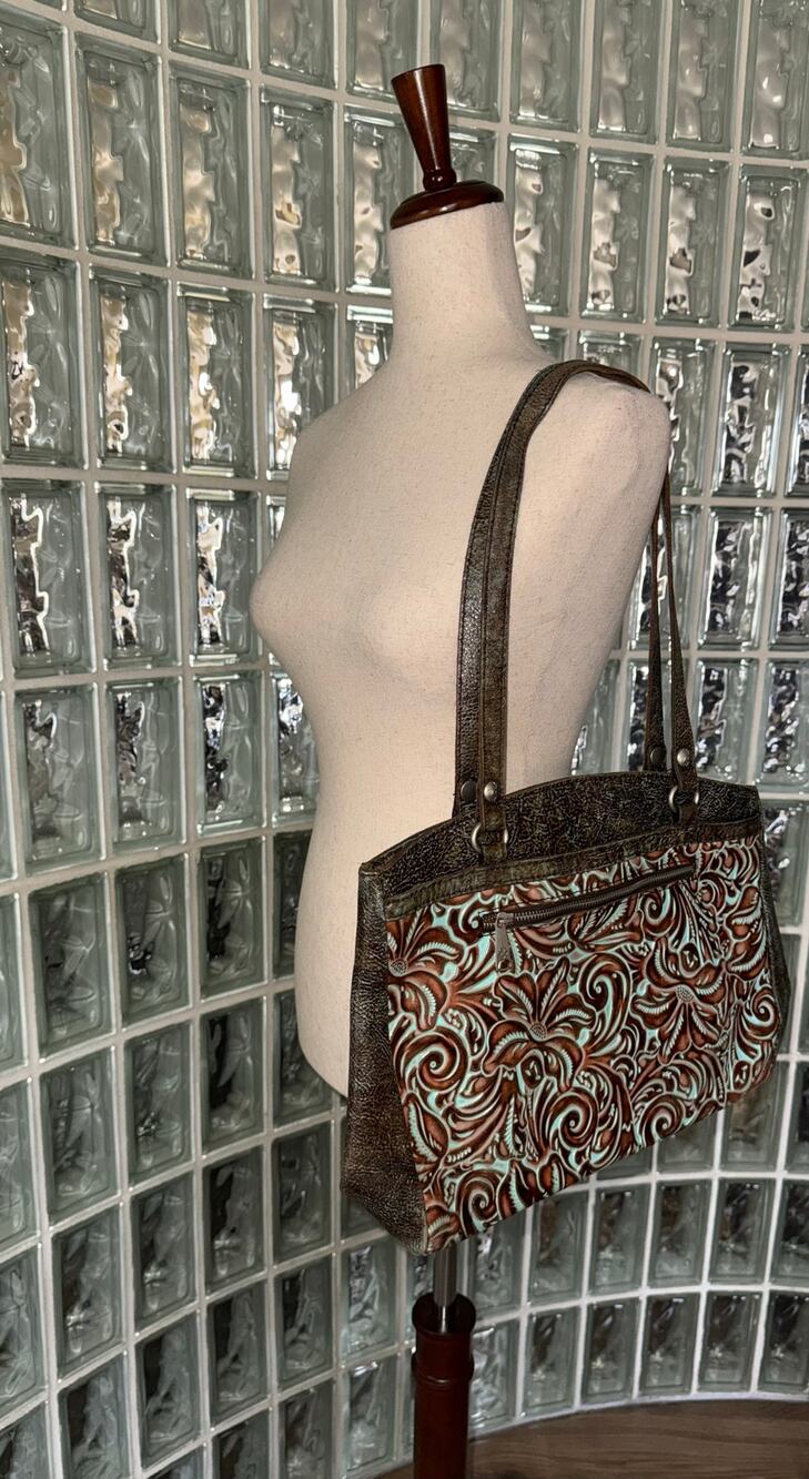 Patricia Nash Turquoise Tooled Italian Leather Tote purse